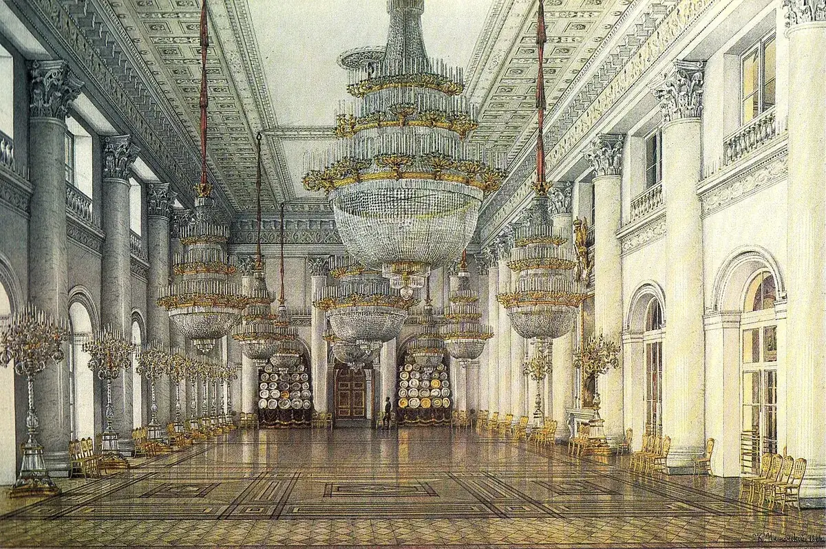 Acuarela de la Sala de Nicolás del Palacio de Invierno con el parquet de dibujo geométrico