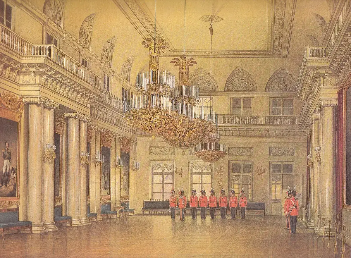 Acuarela del Salón de los Mariscales de Campo con guardias de pie sobre el parquet