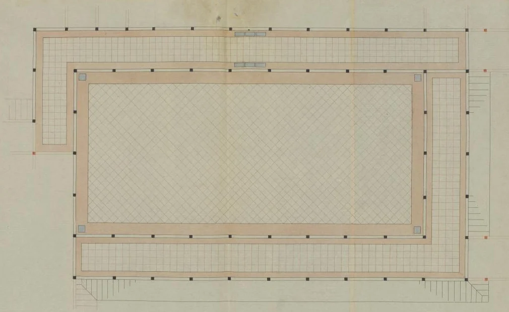 Plano antiguo de una sala rectangular con una cuadrícula en diagonal en el centro y galerías con cuadrícula recta alrededor