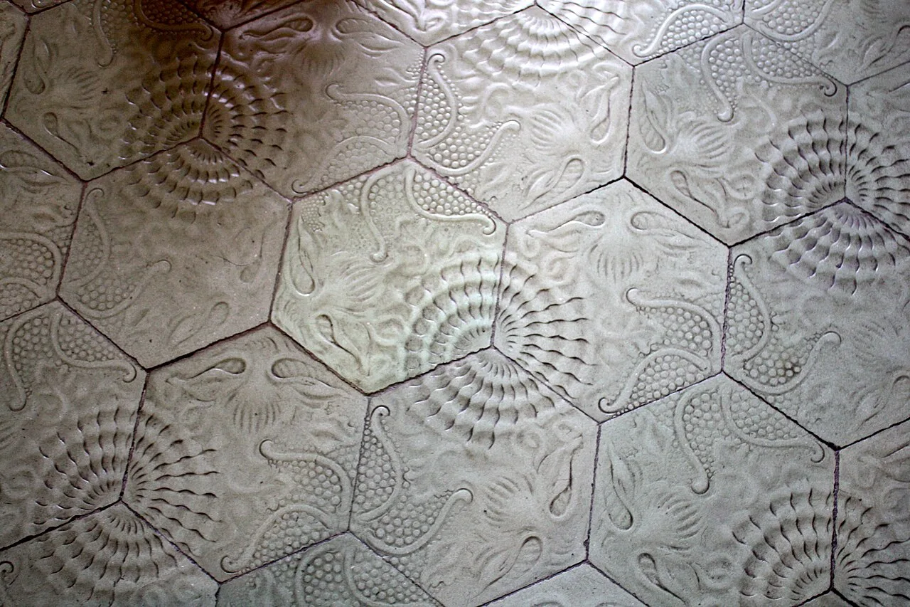 Suelo de baldosa hidráulica hexagonal gris con espirales, estrellas de mar y algas en relieve